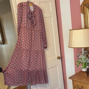 Marie Oliver Pink and Blue Floral Tie-Neck Long Sleeve Maxi Dress